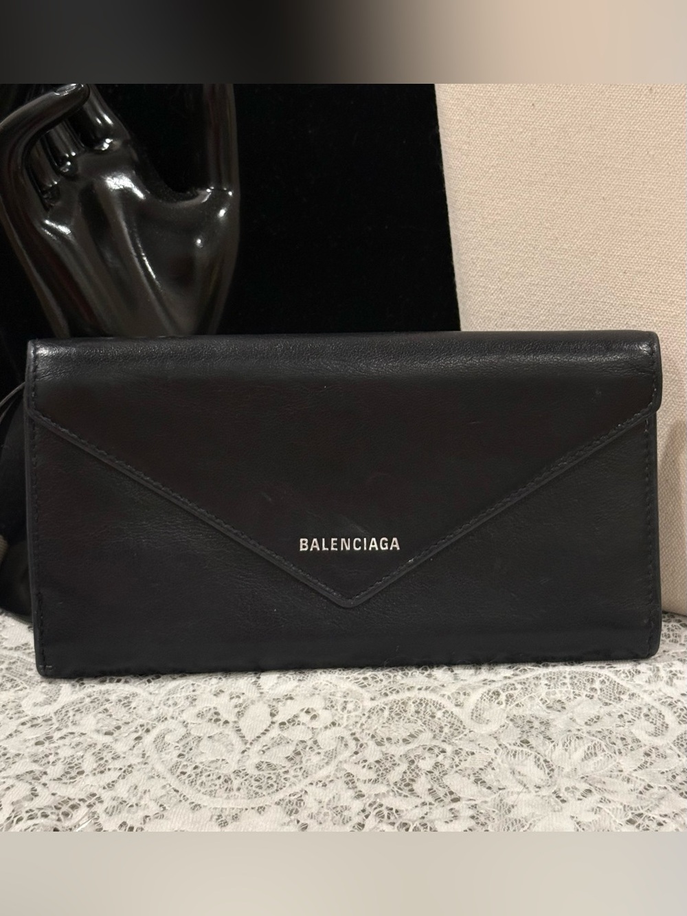 Balenciaga Black Leather Envelope Wallet Clutch EUC